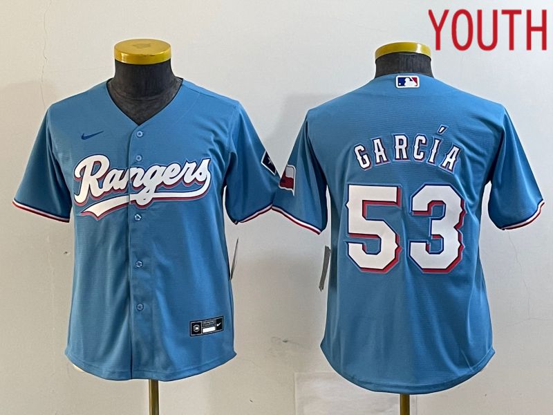 Youth Texas Rangers 53 Garcia Light Blue Game Nike 2023 MLB Jersey style 1